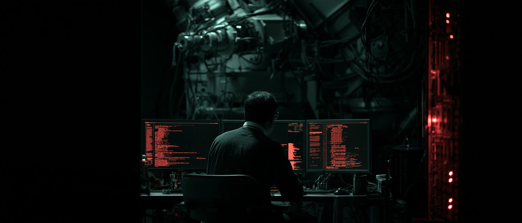 An astronomer before monitors of red code beneath the telescope machinery