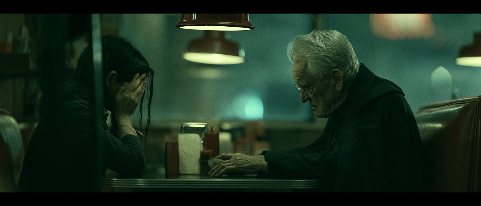A young woman hiding her face across a diner table from an elderly cardinal, his hand over hers