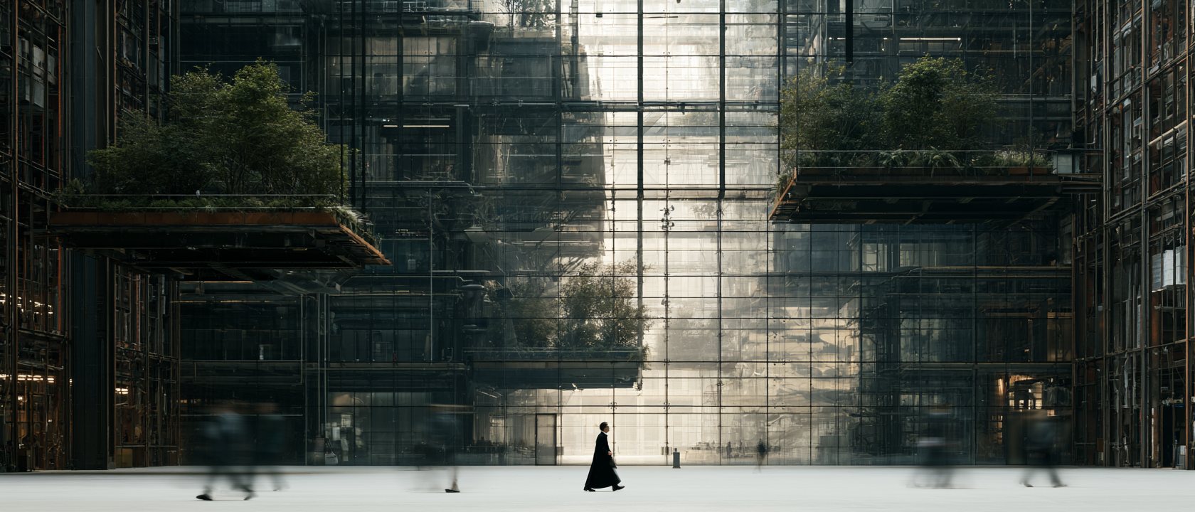 The glass fortress atrium wide, hanging forests over the concourse