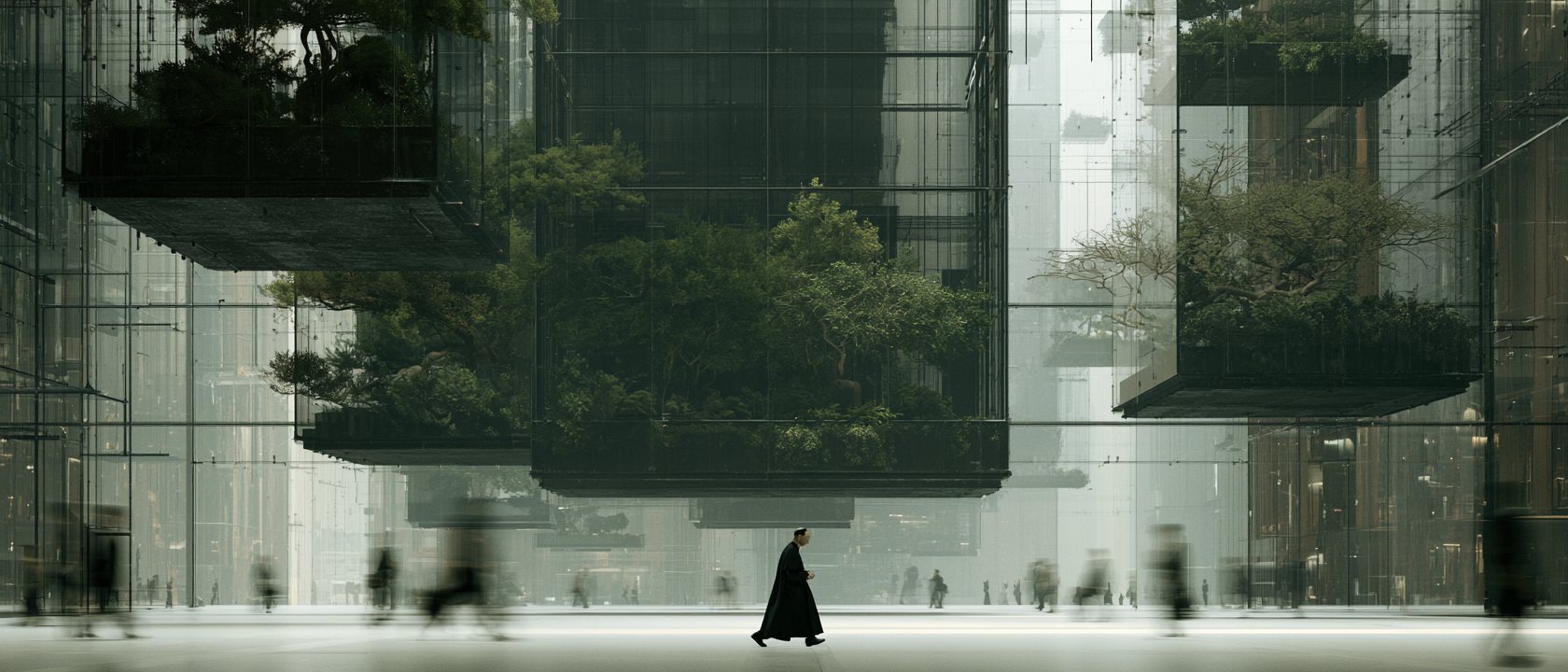 A lone cassock crossing a vast atrium beneath suspended glass gardens