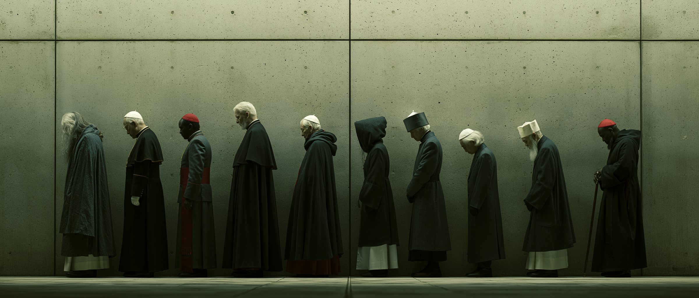 Religious leaders of many traditions in profile along a concrete wall