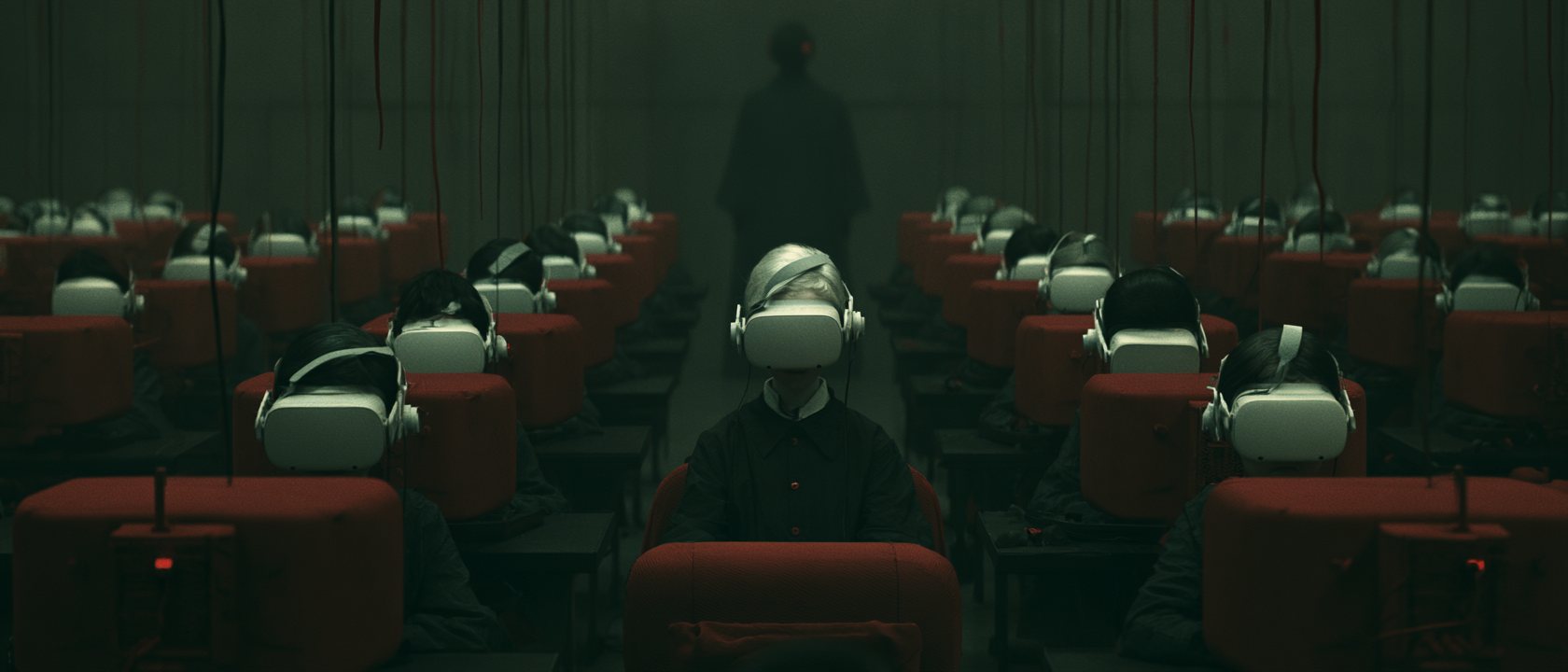 Rows of children alone at terminals in white headsets, a dark robed figure watching from the back