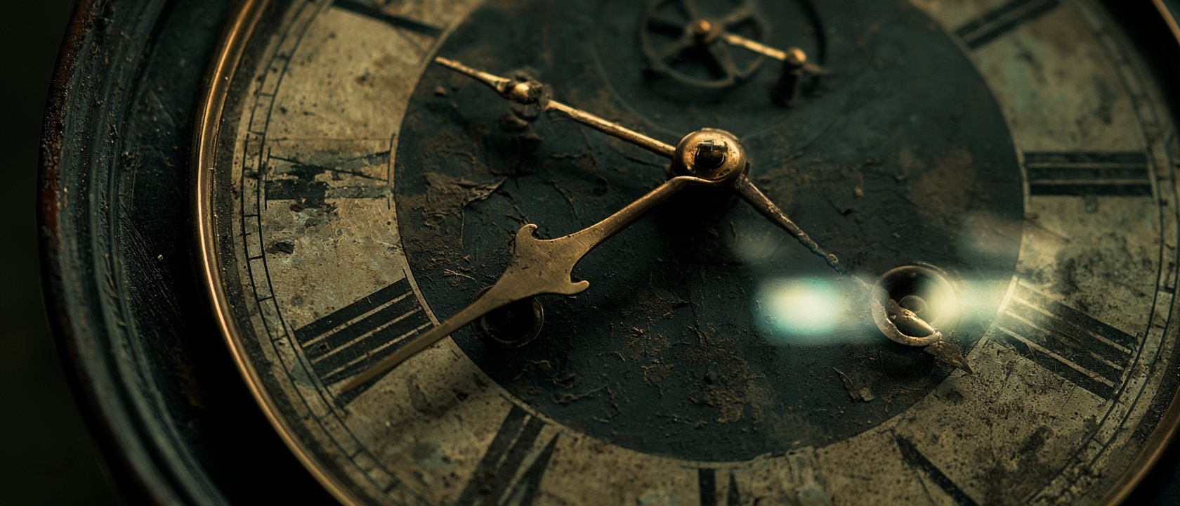 The clock face in close, a flare of light on the brass