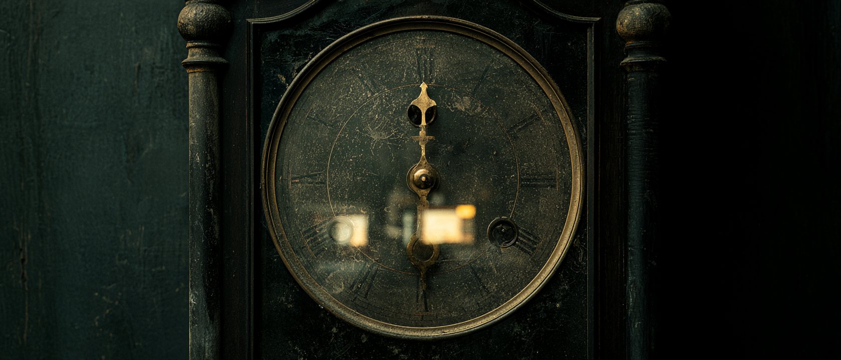 A grandfather clock face reflecting the glow of screens