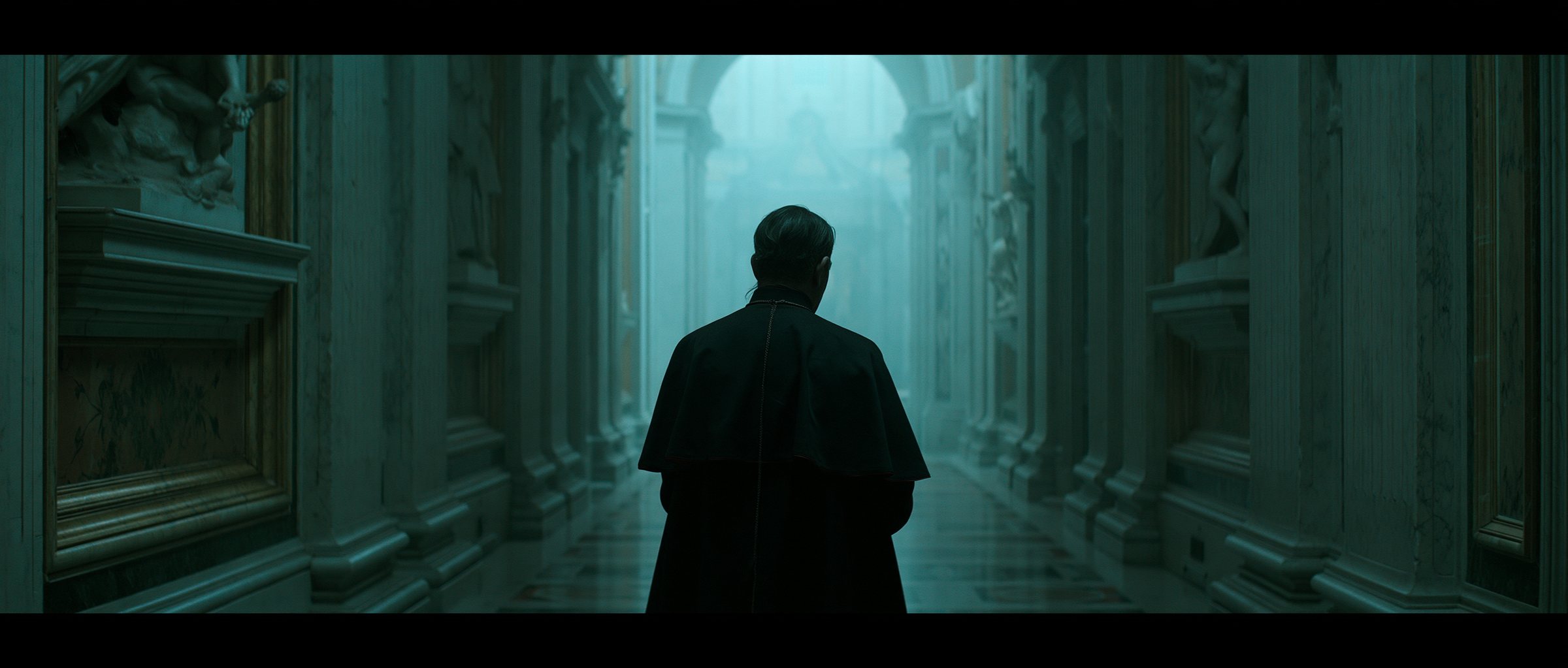 A robed figure from behind in a fogbound Vatican gallery