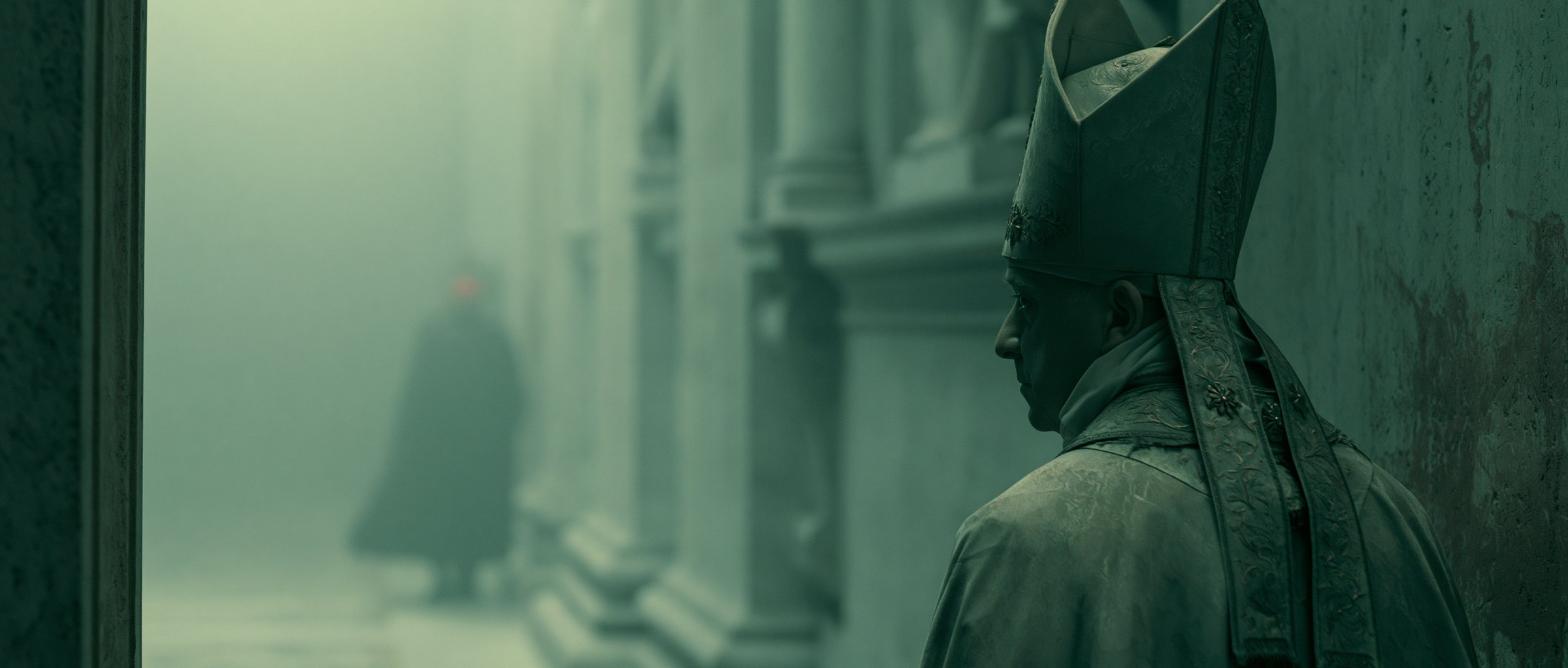 A mitred prelate in profile before a fogbound facade, a dark figure beyond