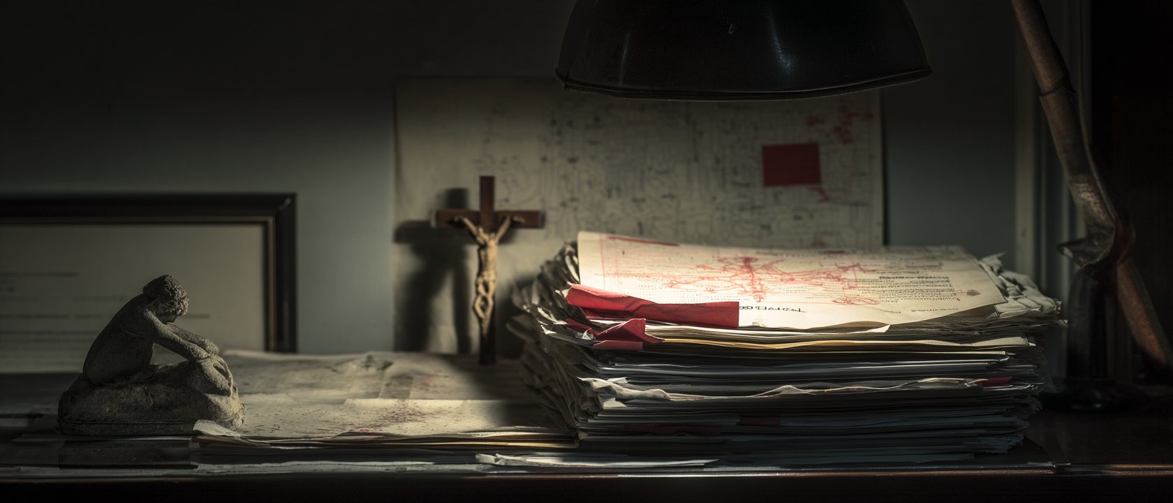 A desk lamp over technical reports marked in red beside a wooden crucifix