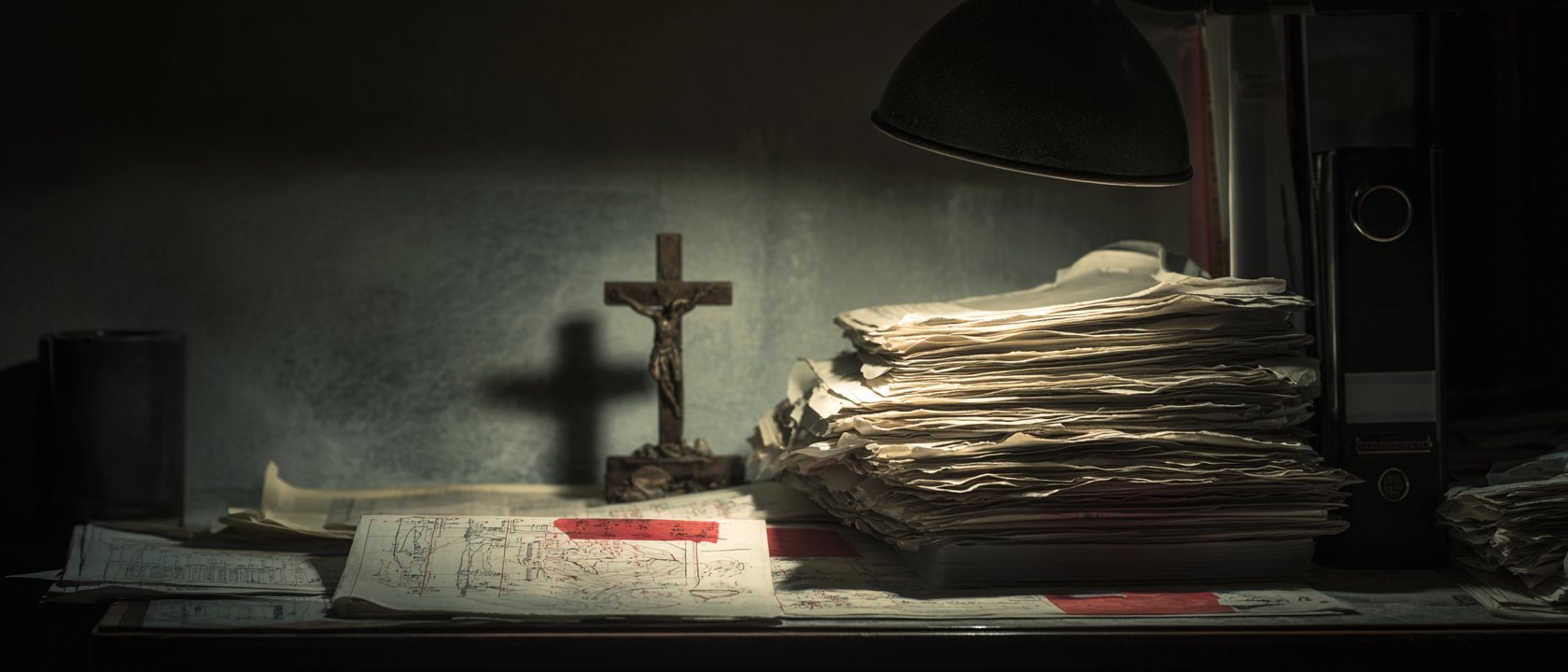 A crucifix casting a long shadow beside a stack of annotated drafts