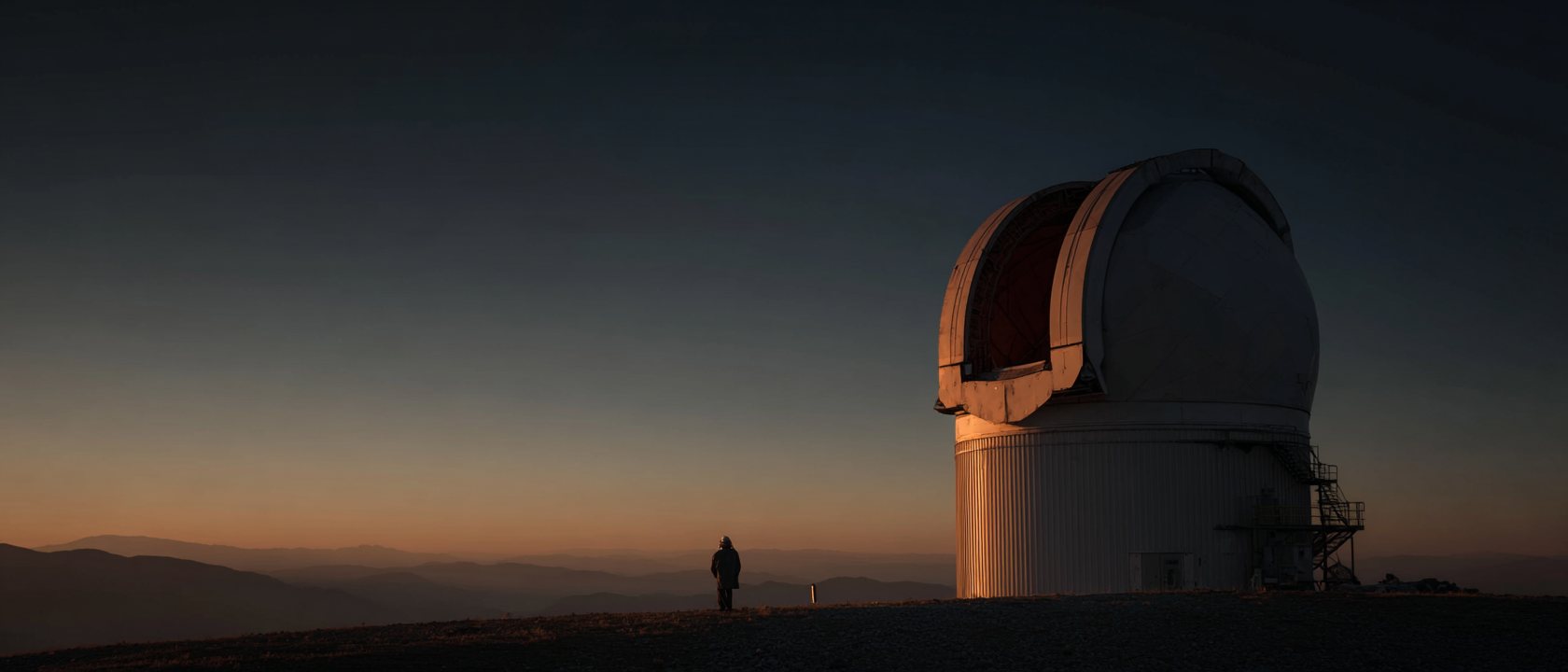 An observatory dome open at last light, a small figure on the ridge