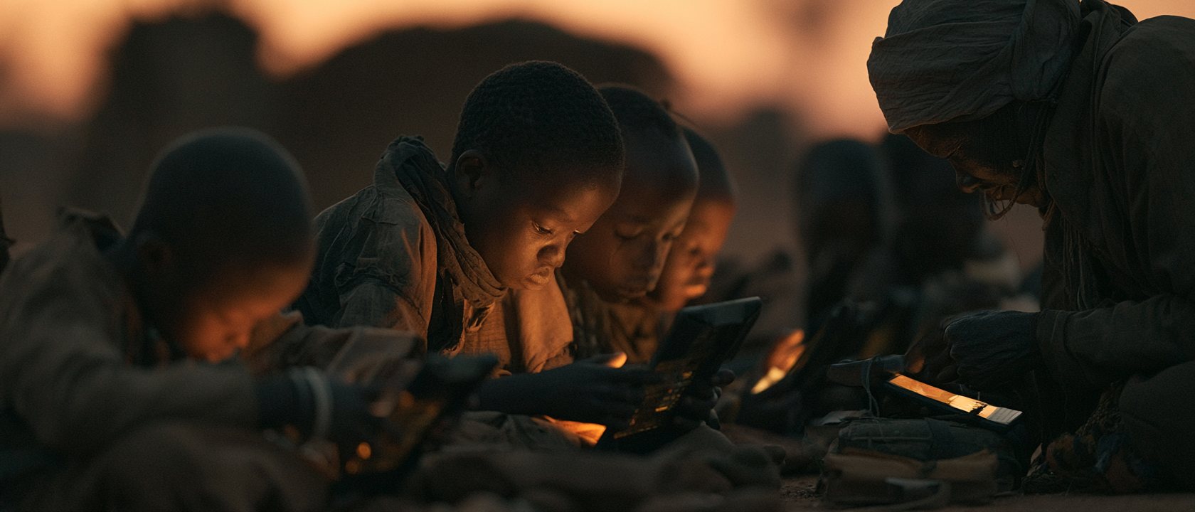 Children bent over solar tablets in warm desert light beside a teacher