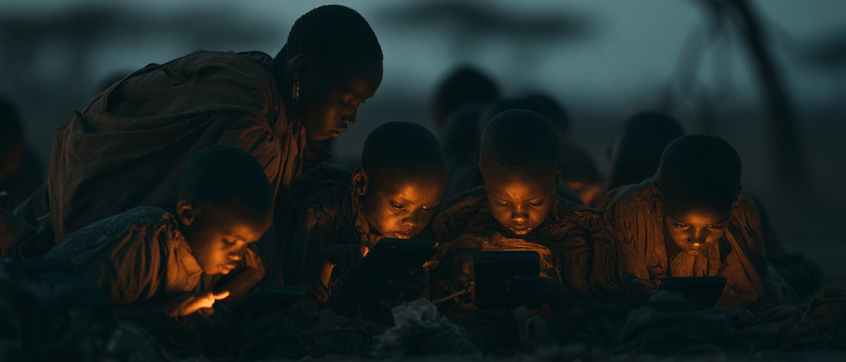 Children reading by the amber light of handheld screens at blue dusk