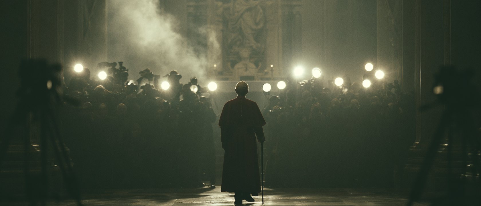 A cardinal with a cane facing a storm of photographers' flashes inside the basilica