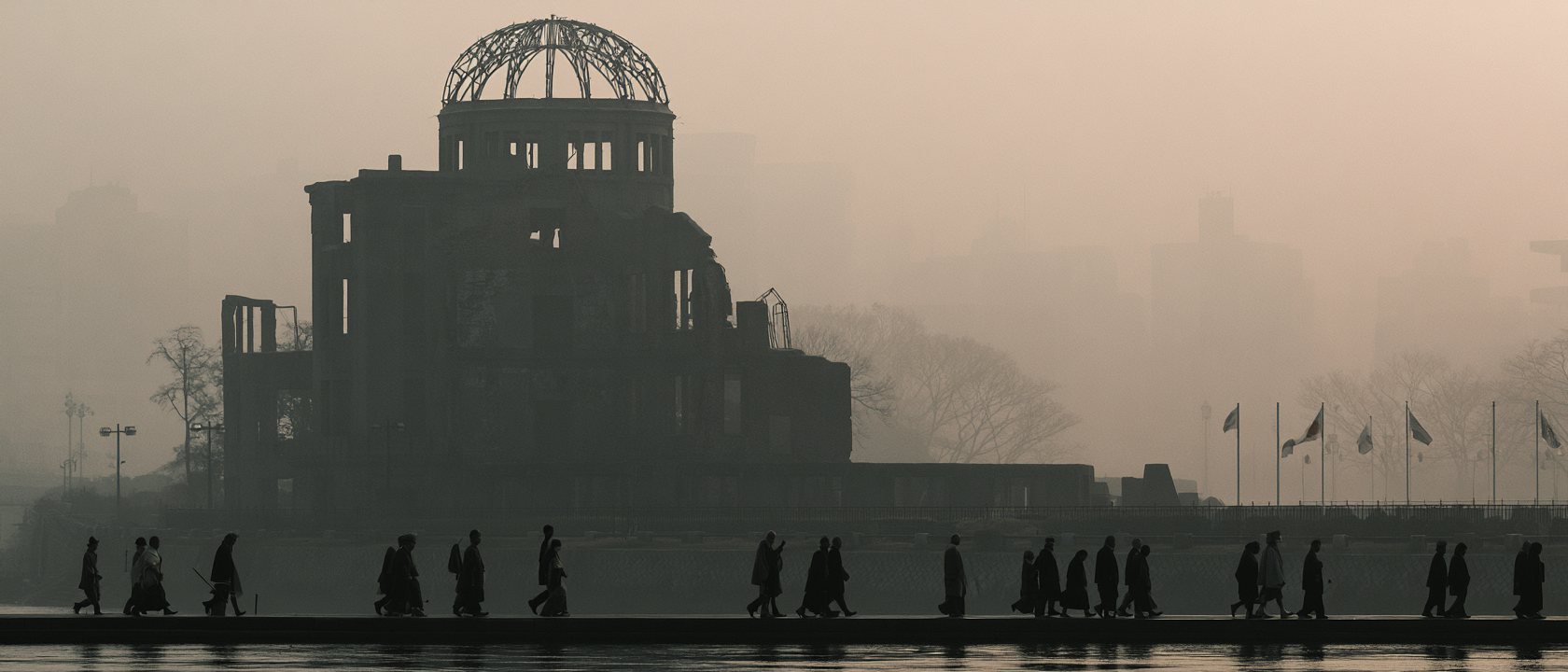 Walkers in silhouette passing the Dome at hazy dawn