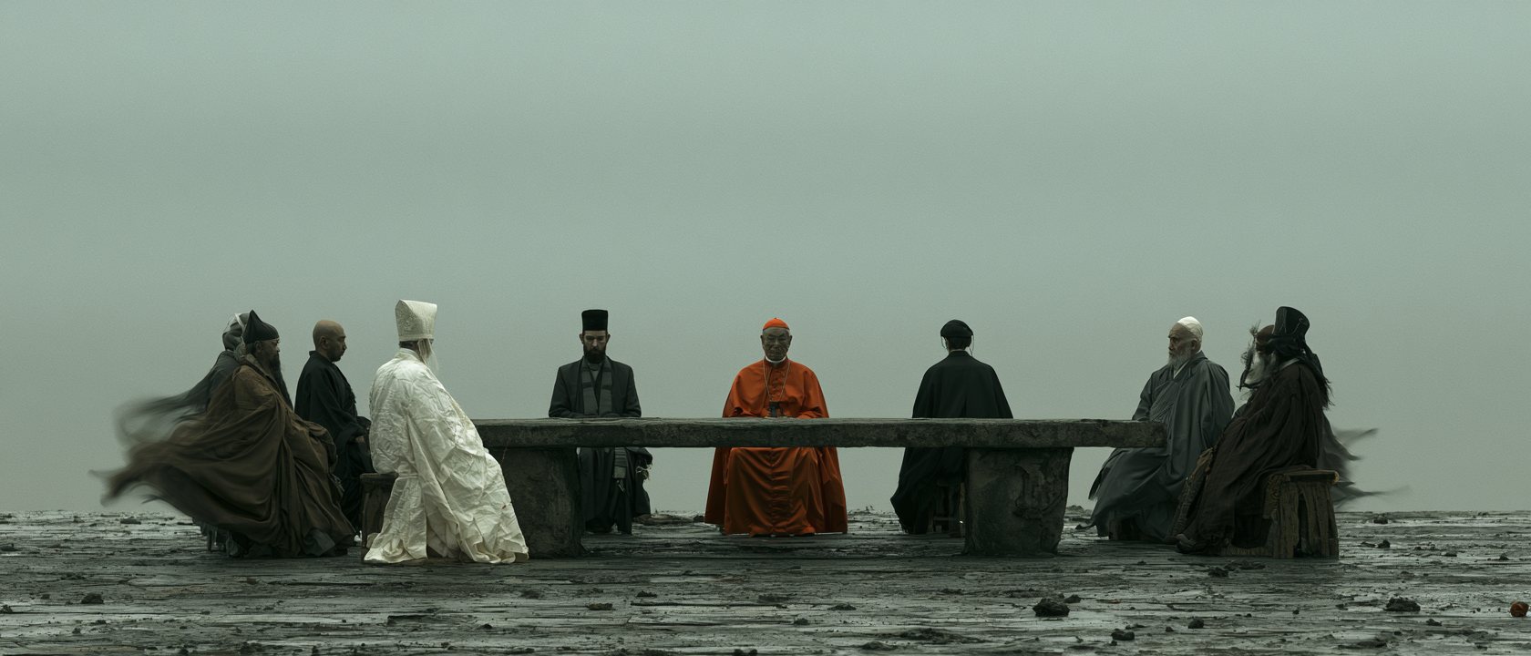 Leaders of many faiths seated around a long stone table under a grey sky