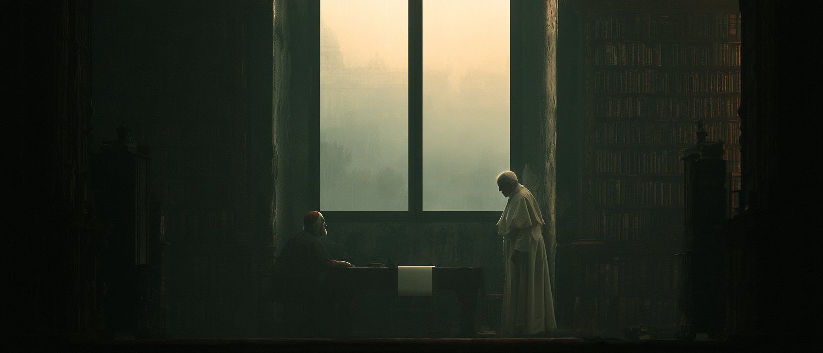 The Pope standing over a table with a single white sheet, a cardinal seated, Rome in the window haze