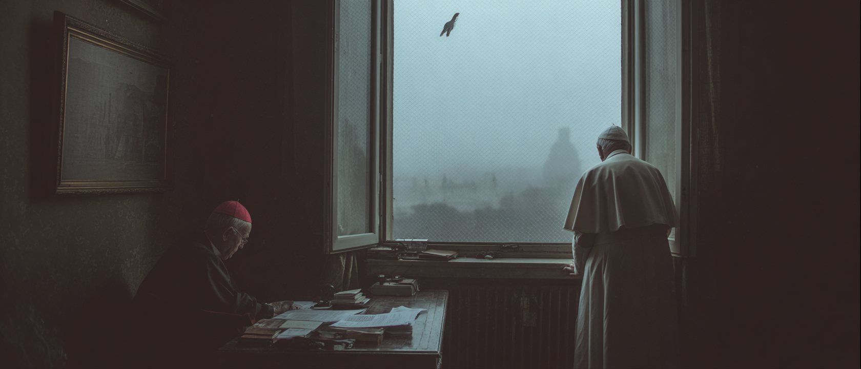 The Pope at an open window, a dove in flight over the fogbound city
