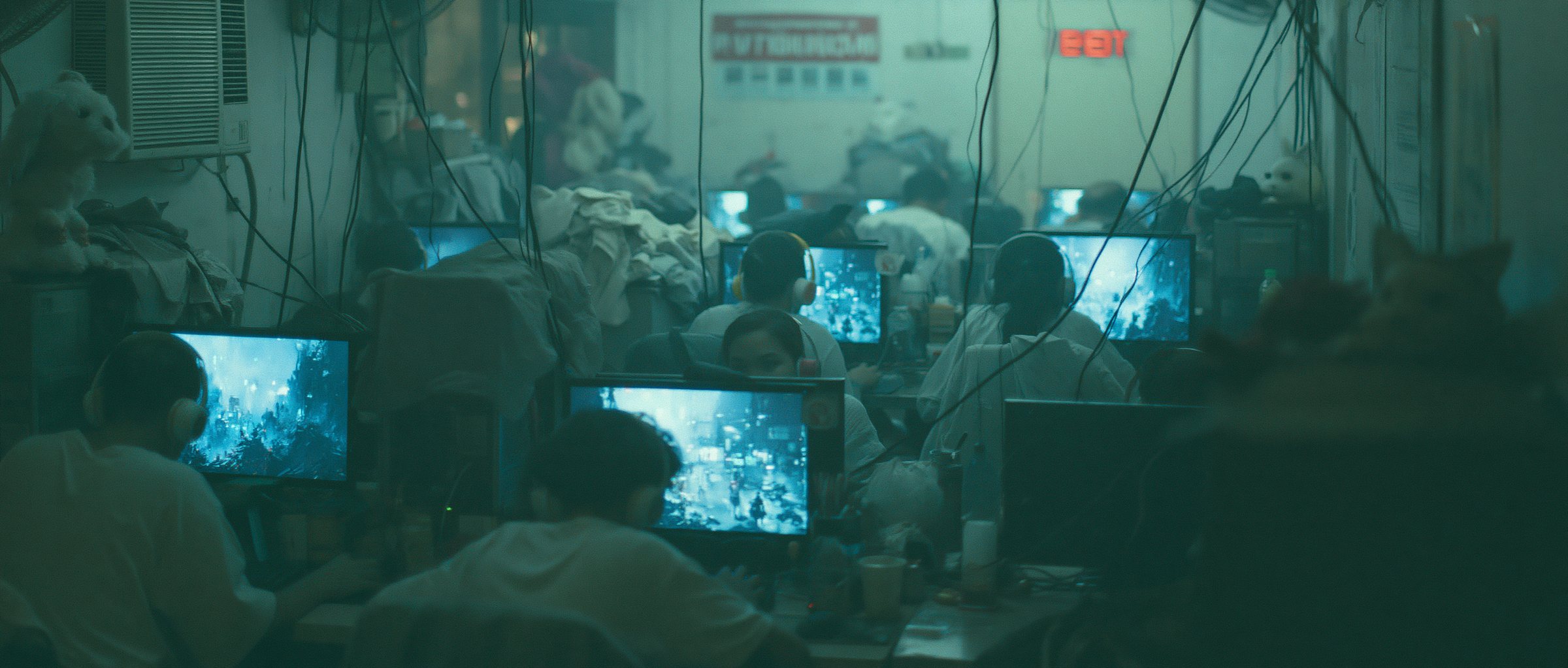 A cramped internet room in Manila, faces lit blue by rows of monitors under hanging cables