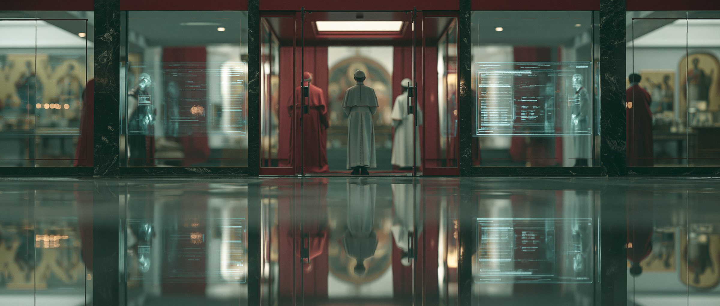 White robed figures at red framed doors with translucent data panels