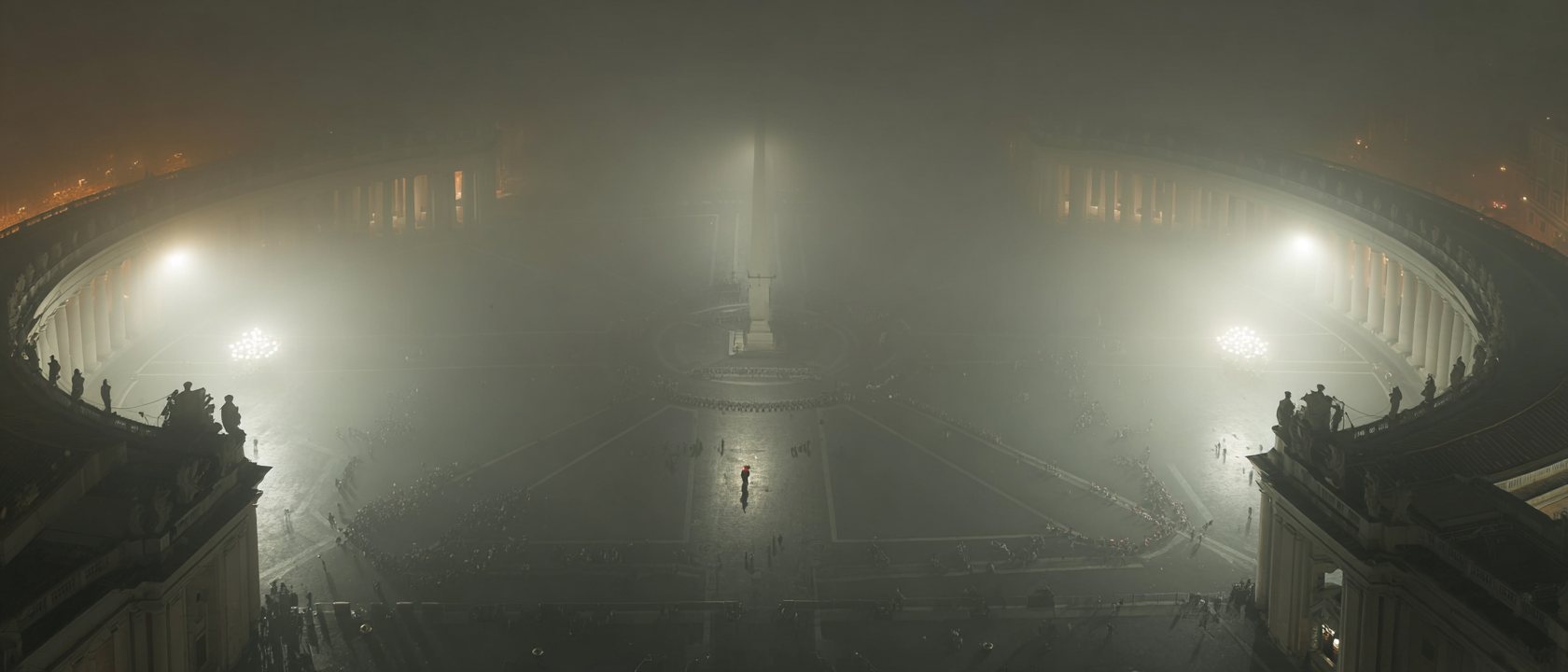 St. Peter's Square from above at night, fog over the colonnade