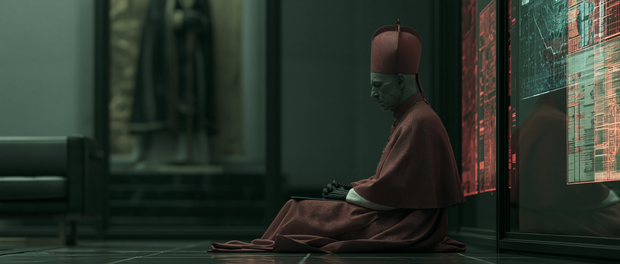 A prelate in red seated in profile before a wall of glowing red data