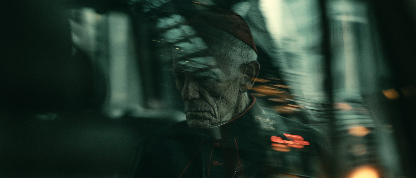 The cardinal's face crossed by streaking reflections of the city