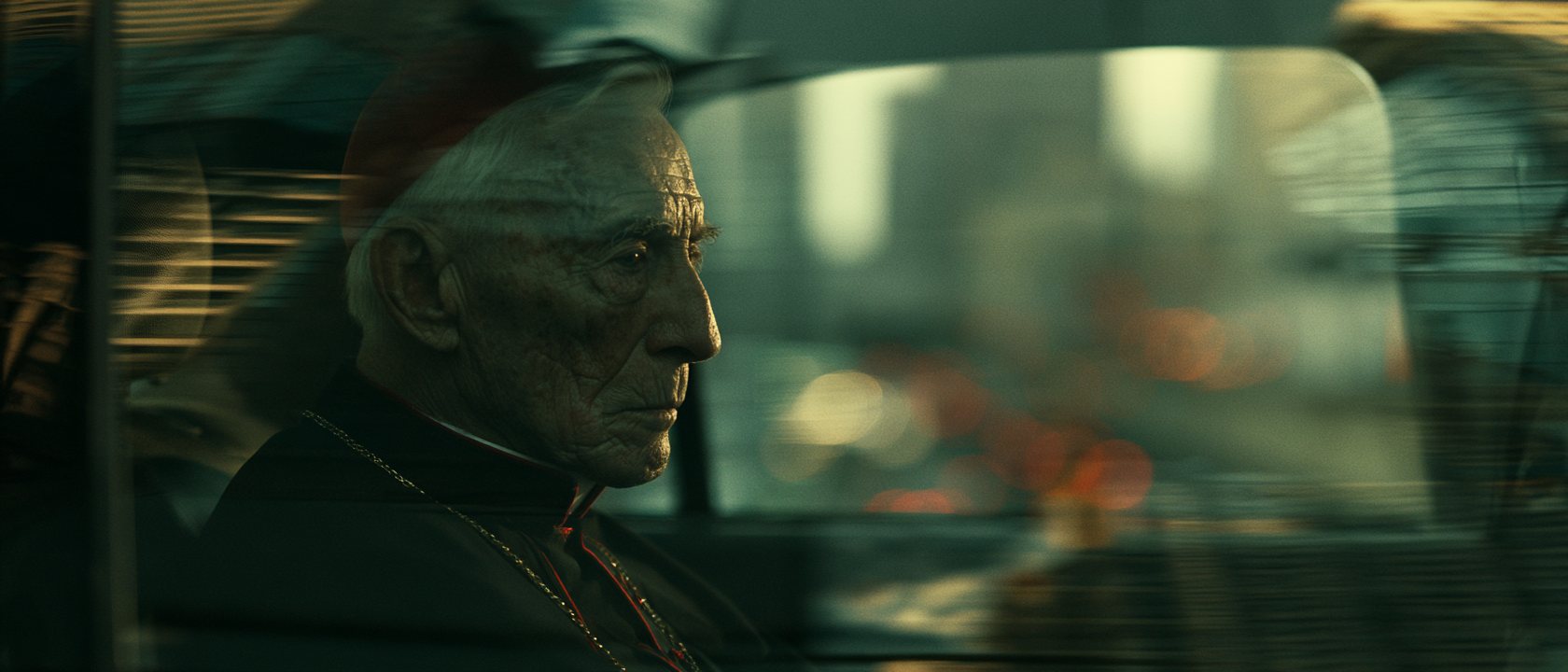 The cardinal in profile at a car window, the city moving past in light