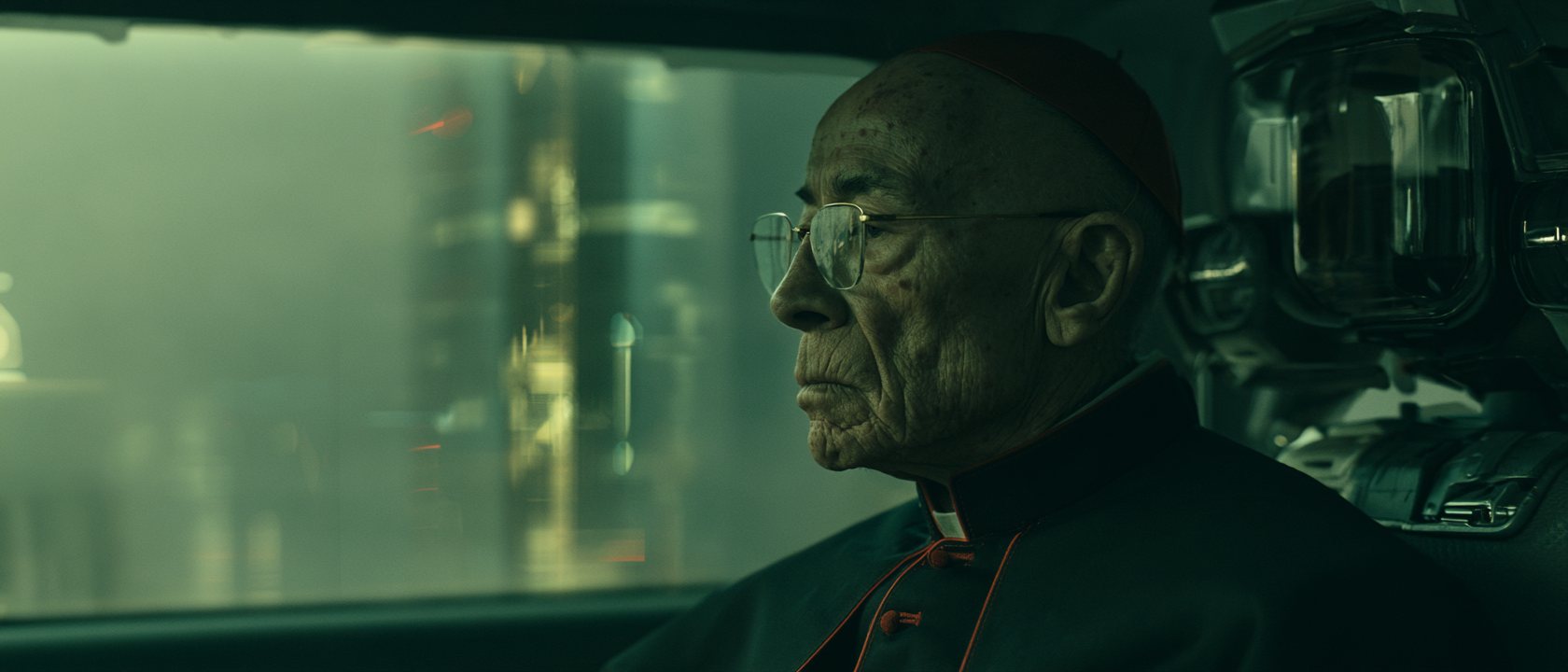 An elderly cardinal in the back of a driverless taxi, a robotic driver beside him