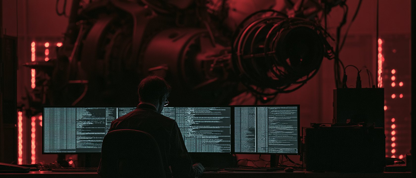 A figure at three code screens dwarfed by machinery bathed in red light